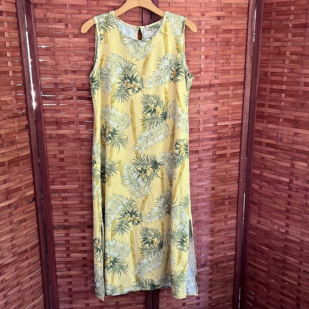 Tahiti Reef Club Yellow Sleeveless Rayon Dress Palm Leaves Size Medium